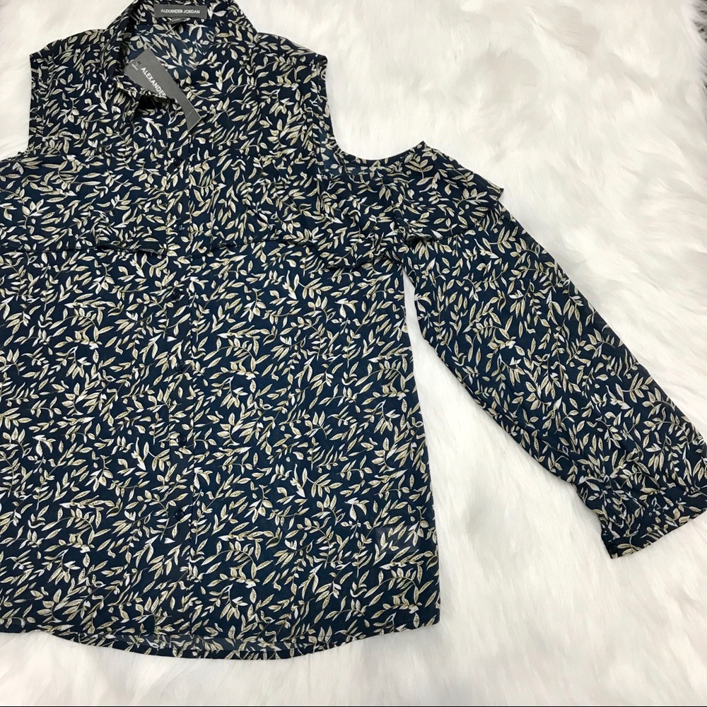Alexander Jordan Navy Cream Leaf Cold Shoulder Top